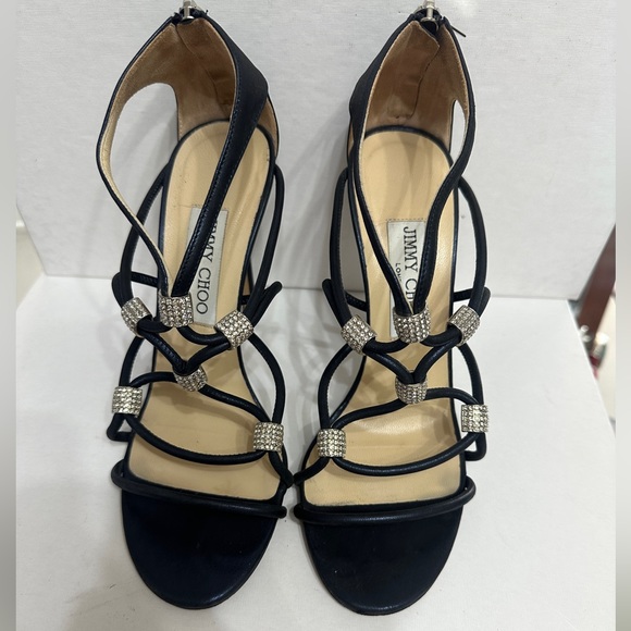 JIMMY CHOO Swarovski Crystal Embellished Sandals Navy High Heel Pump 37.5 Shoes - Picture 9 of 15